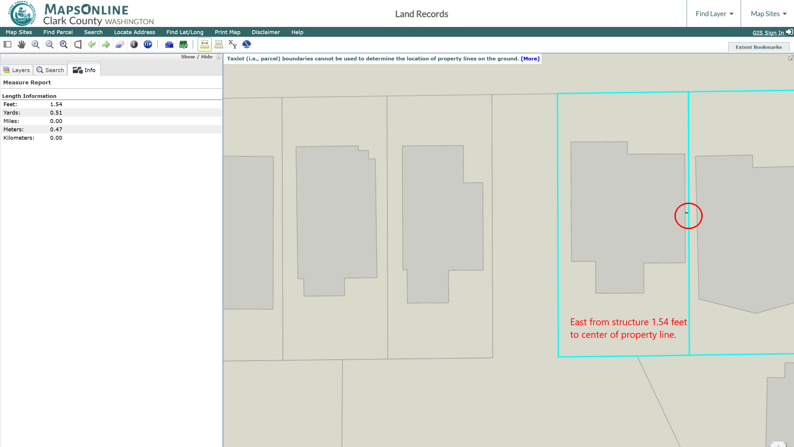 Property line measurement showing 1.54 feet